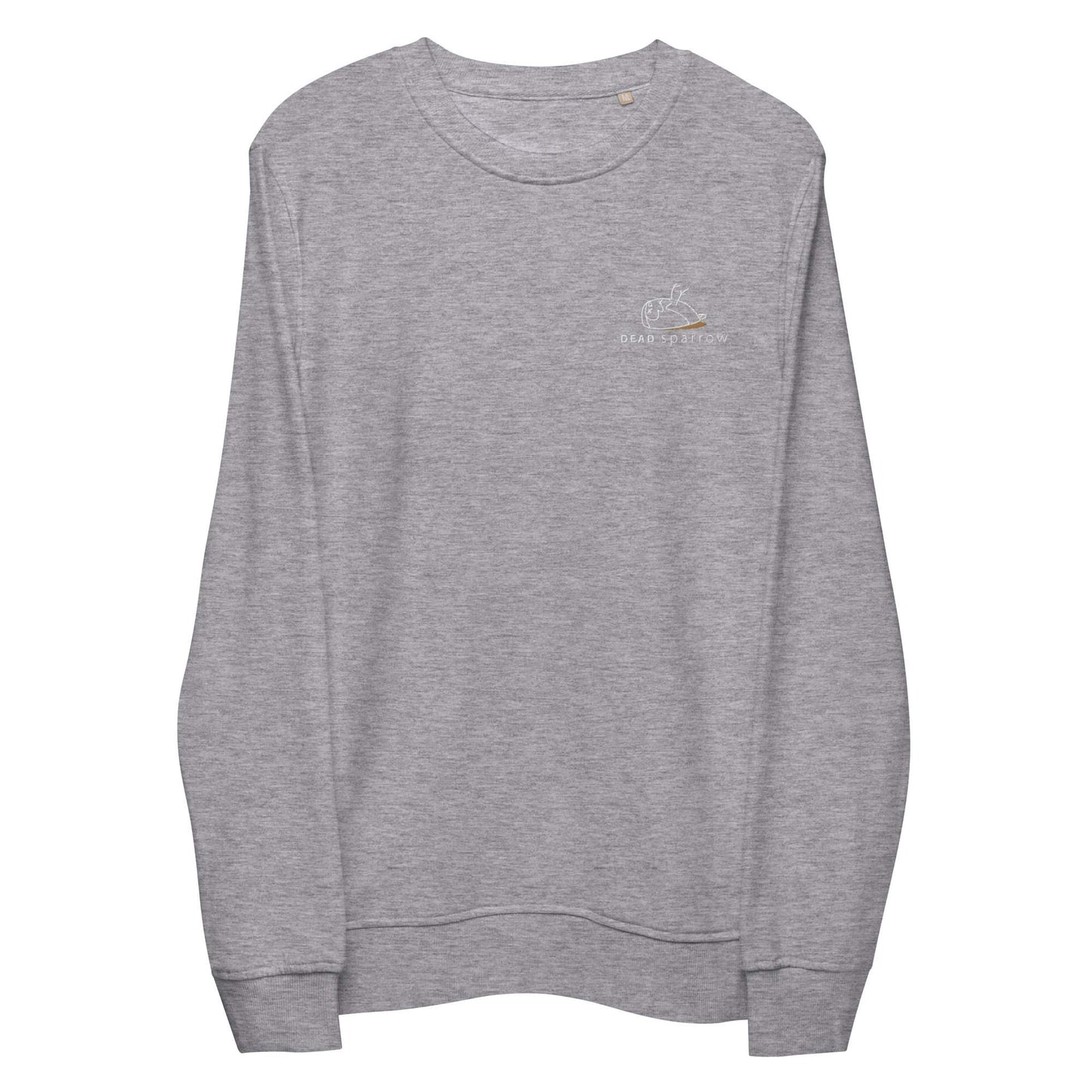 Close-up of a Significant sweatshirt in grey melange. DEADsparrow logo embroidered on the left side in white and gold. The Significant is made from organic cotton and recycled materials.