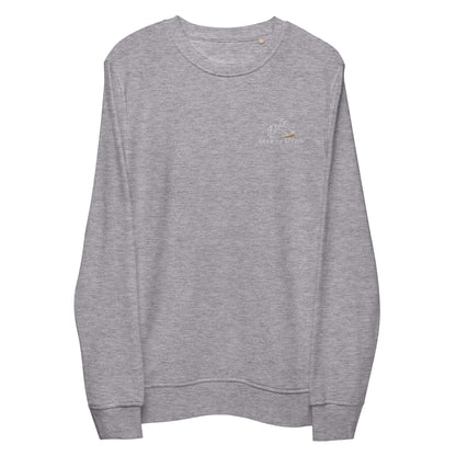 Close-up of a Significant sweatshirt in grey melange. DEADsparrow logo embroidered on the left side in white and gold. The Significant is made from organic cotton and recycled materials.