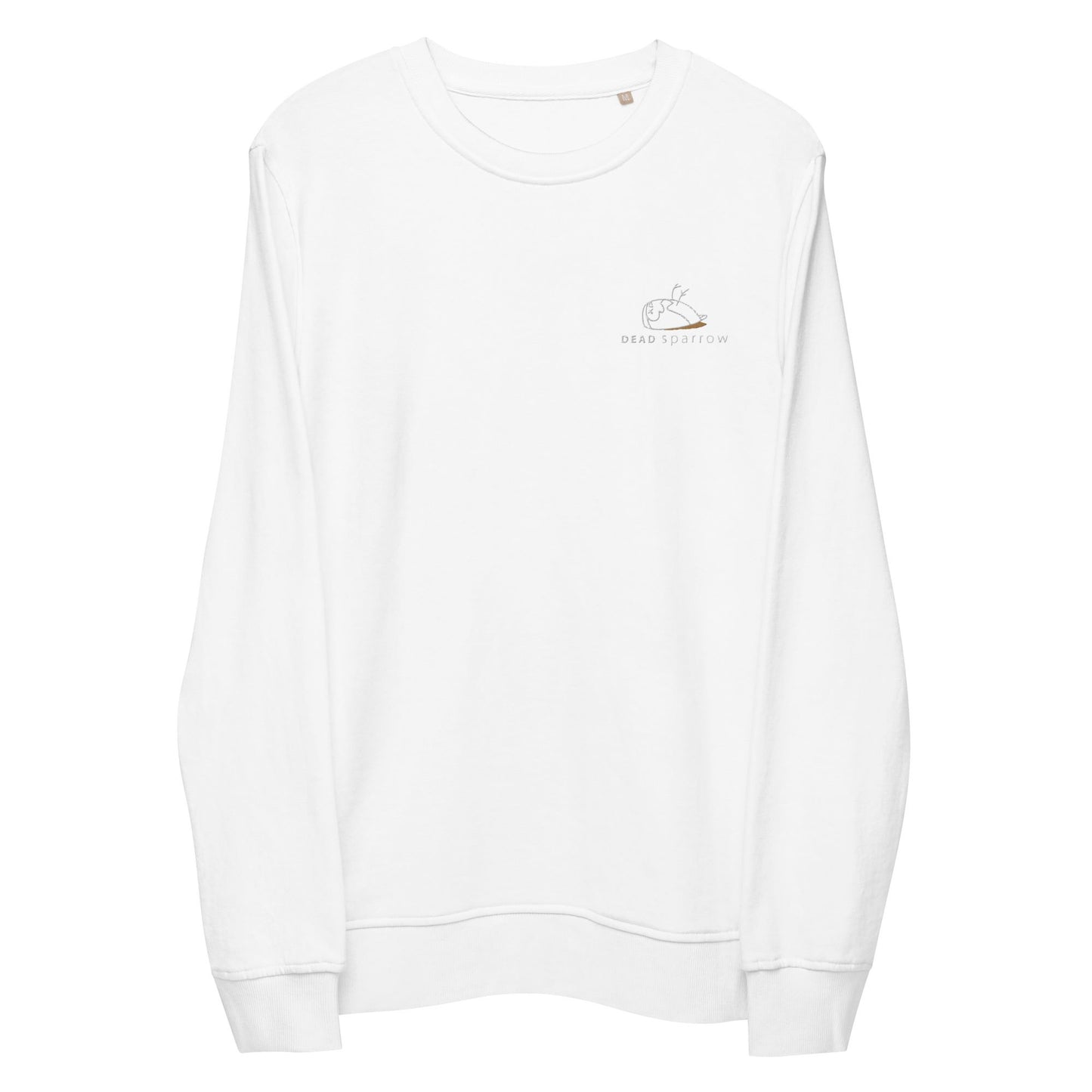 Close-up of a Significant sweatshirt in white. DEADsparrow logo embroidered on the left side in white and gold. The Significant is made from organic cotton and recycled materials.