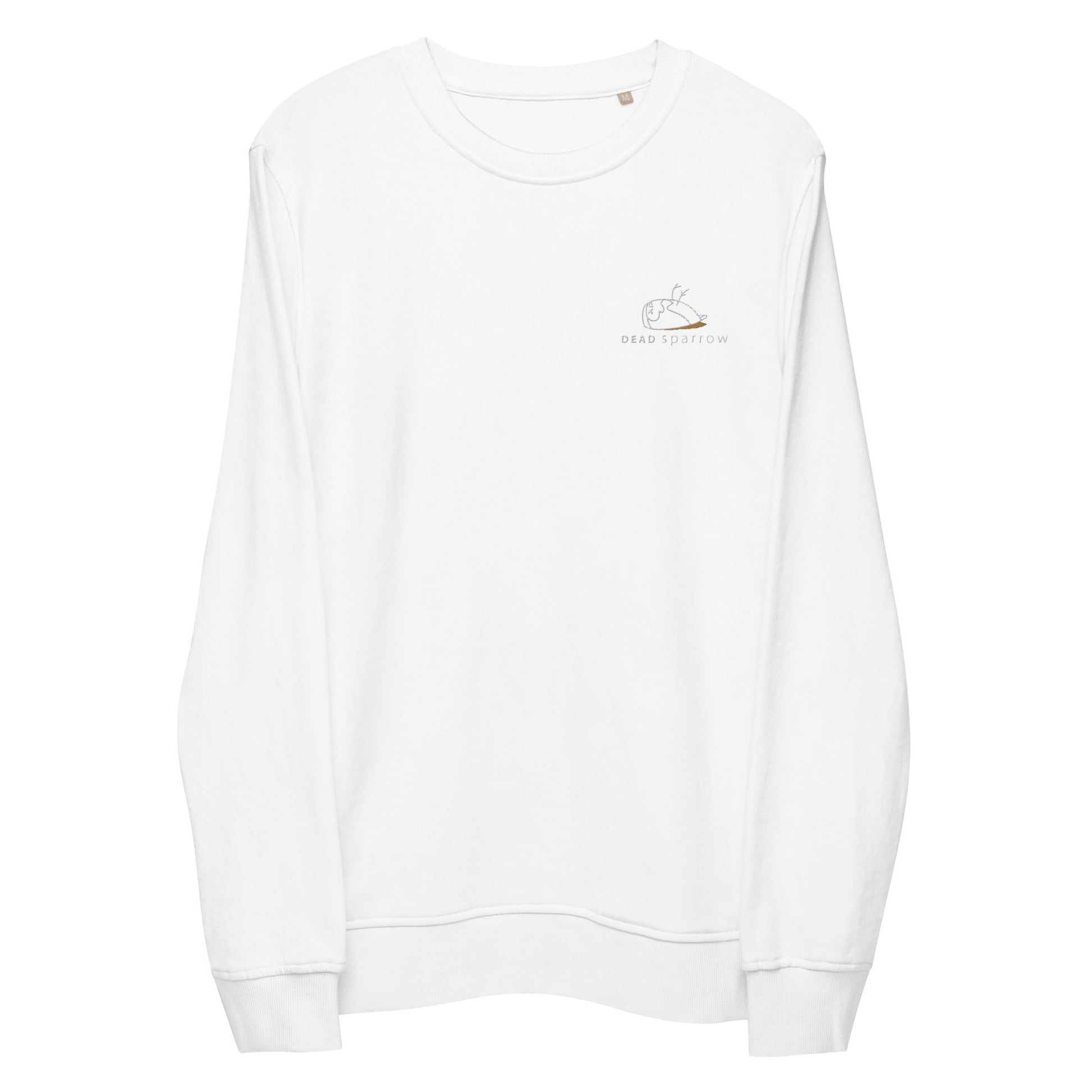 Close-up of a Significant sweatshirt in white. DEADsparrow logo embroidered on the left side in white and gold. The Significant is made from organic cotton and recycled materials.