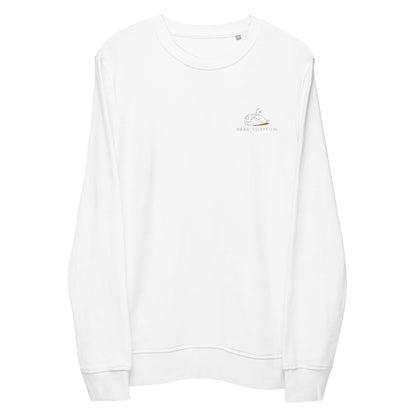 Close-up of a Significant sweatshirt in white. DEADsparrow logo embroidered on the left side in white and gold. The Significant is made from organic cotton and recycled materials.