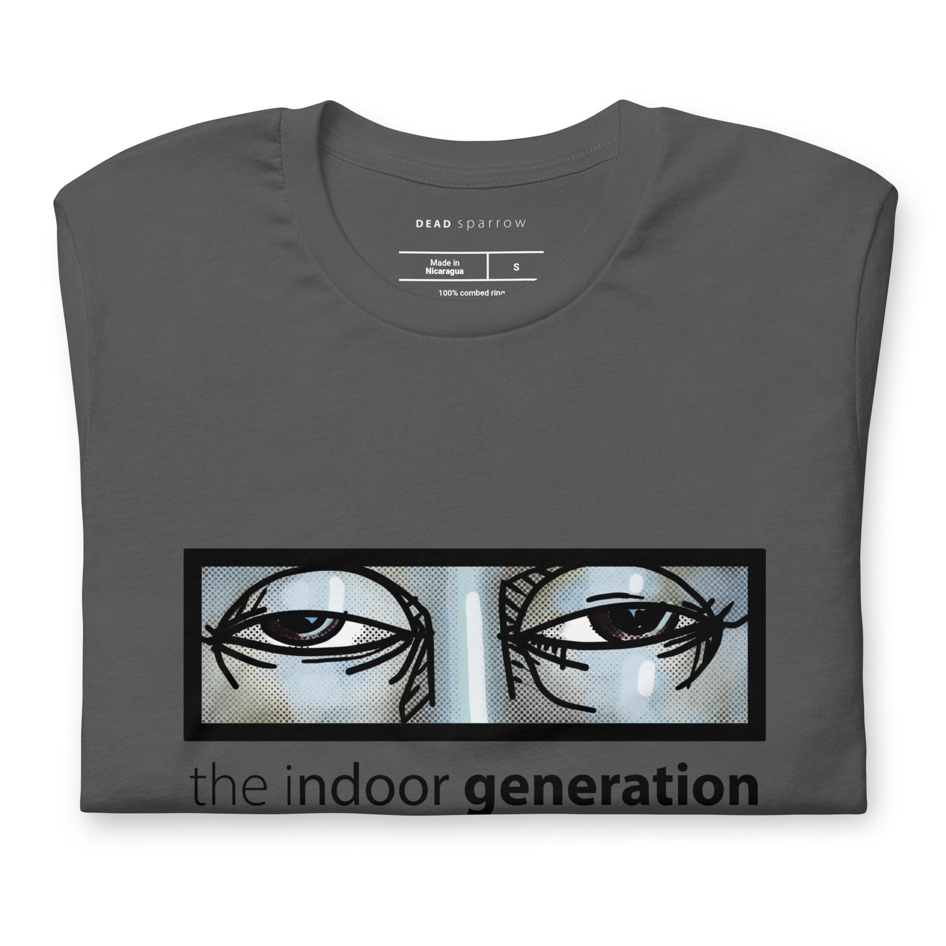 Image of a folded grey T-shirt with a print of a pair of tired eyes and the text "The indoor generation". Product name: Special.