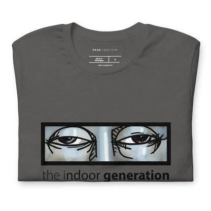 Image of a folded grey T-shirt with a print of a pair of tired eyes and the text "The indoor generation". Product name: Special.