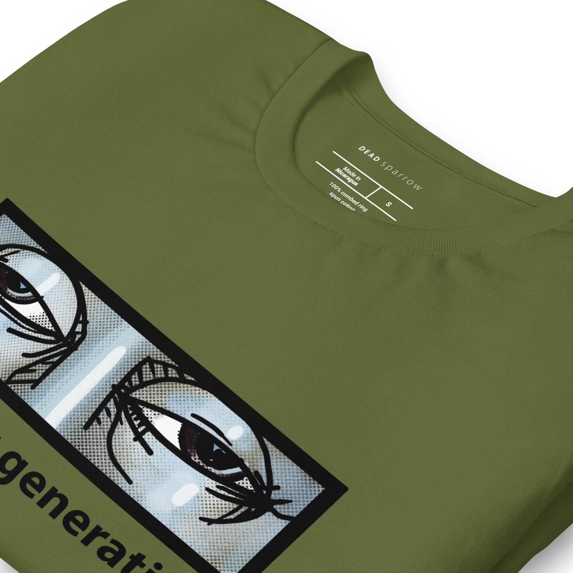 Image of a folded white T-shirt with a print of a pair of tired eyes and the text "The indoor generation". Product name: Special.