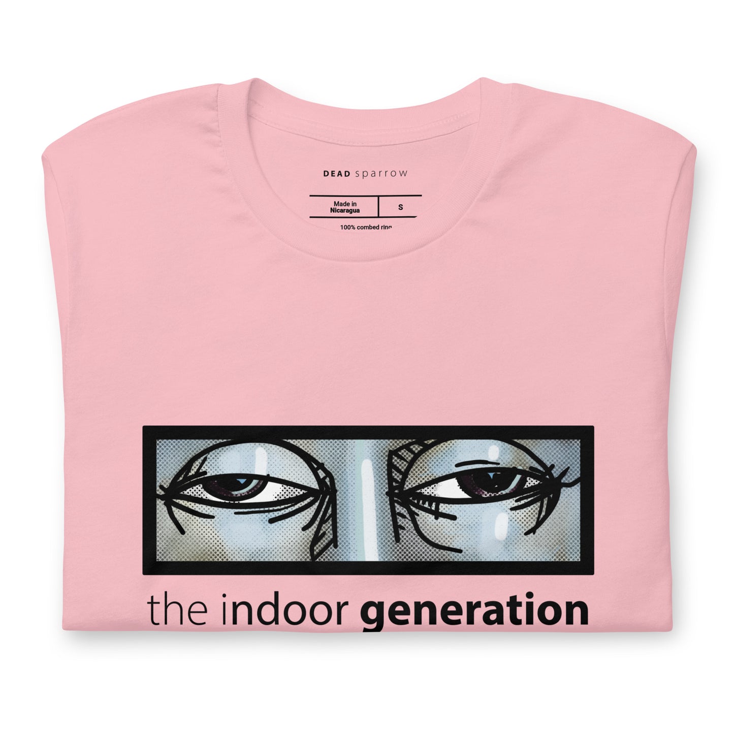 Image of a folded pink T-shirt with a print of a pair of tired eyes and the text "The indoor generation". Product name: Special.