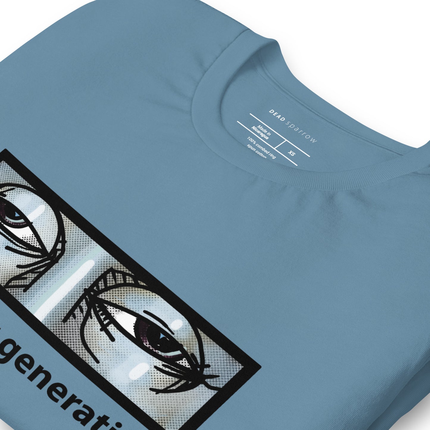 Image of a folded blue T-shirt with a print of a pair of tired eyes and the text "The indoor generation". Product name: Special.