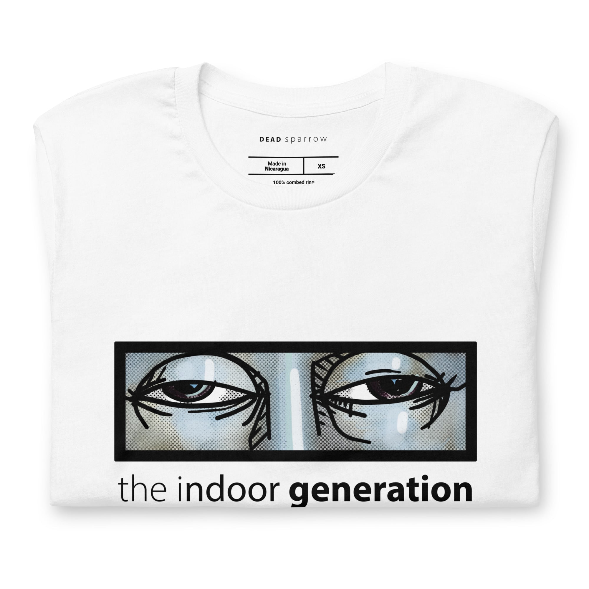 Image of a folded white T-shirt with a print of a pair of tired eyes and the text "The indoor generation". Product name: Special.