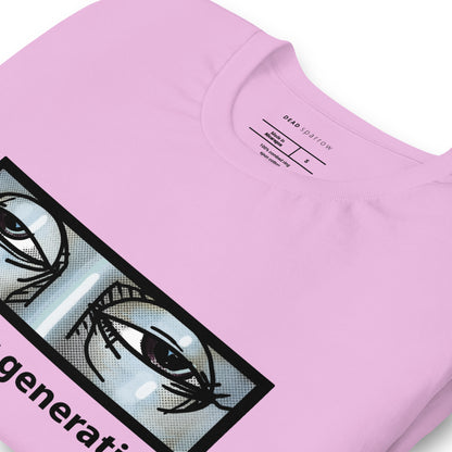 Image of a folded lilac T-shirt with a print of a pair of tired eyes and the text "The indoor generation". Product name: Special.