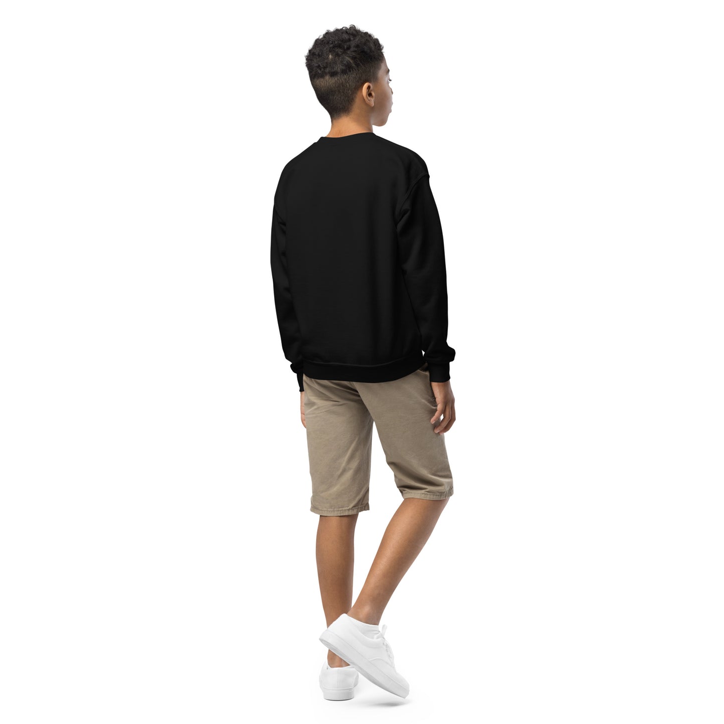 Image of a boy wearing 'Valuable' navy blue sweatshirt in size M. DEADsparrow.store