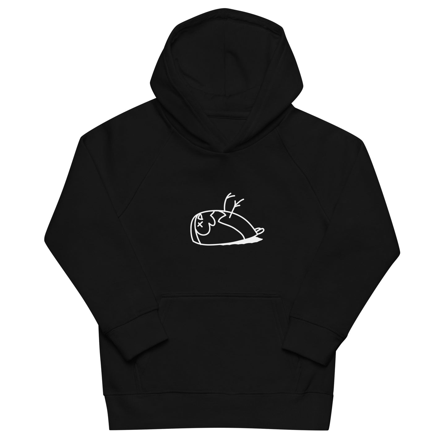 Image of a black eco-friendly Brilliant hoodie for kids. The hoodie has a front pouch pocket, ribbed cuffs and a lined hood for extra warmth. The DEAD sparrow logo is printed in white colour.