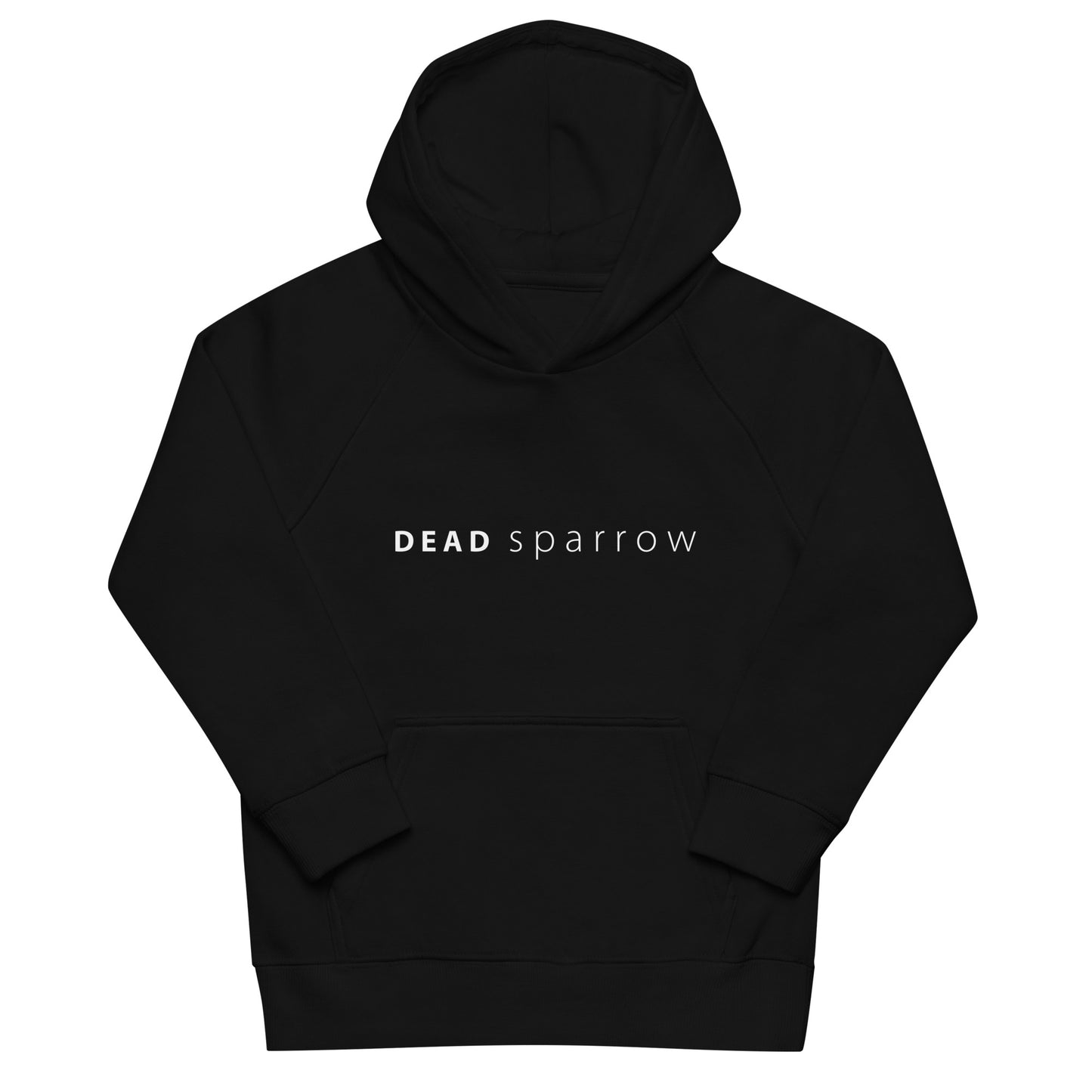 Close-up of a black eco-friendly hoodie for children. The hoodie has the text DEADsparrow written across the chest. The print is in white colour. Product name Interesting. 