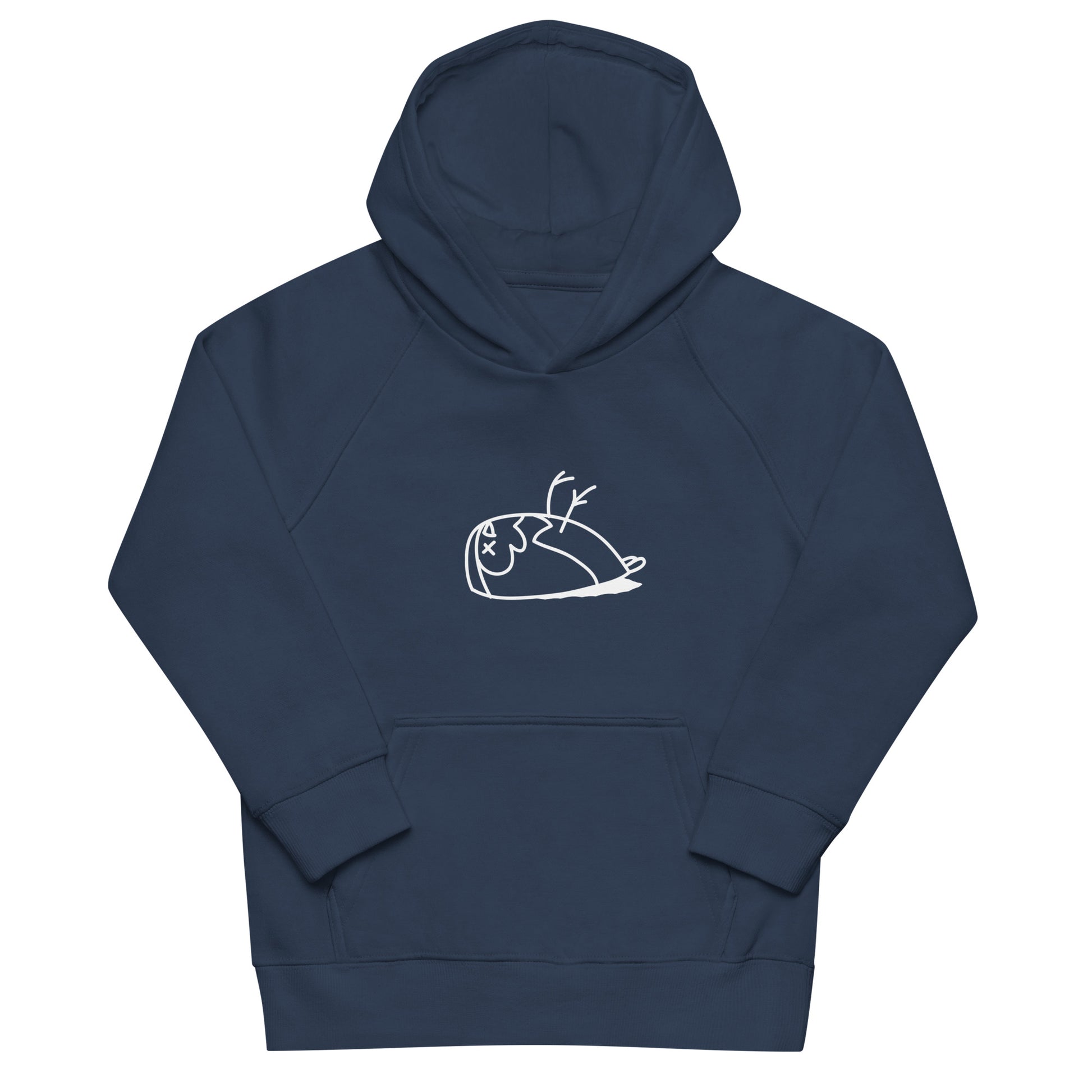 Image of a french navy eco-friendly Brilliant hoodie for kids. The hoodie has a front pouch pocket, ribbed cuffs and a lined hood for extra warmth. The DEAD sparrow logo is printed in white colour.