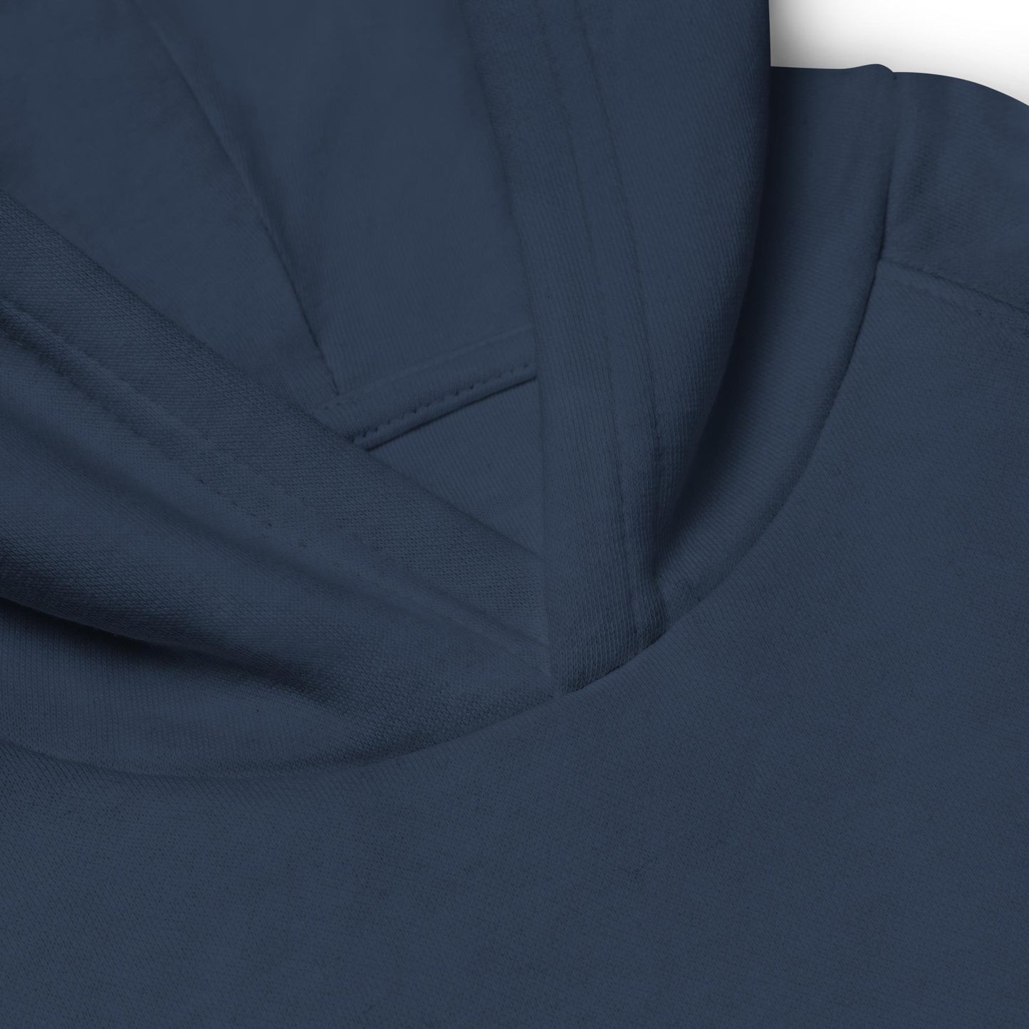 Close-up of a navy blue hoodie for children. The picture shows the hood and some print is visible. Product name Interesting.