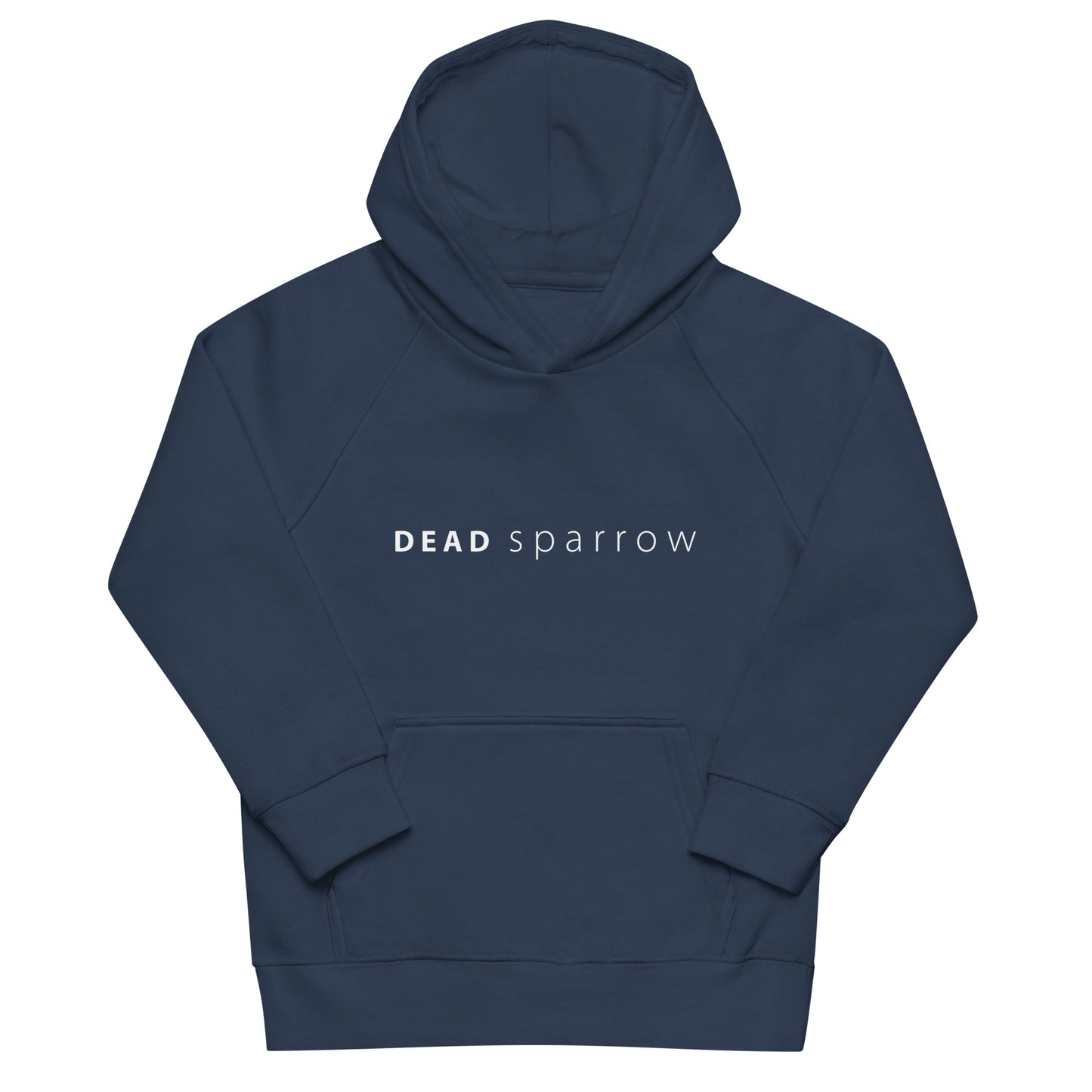 Close-up of a navy eco-friendly hoodie for children. The hoodie has the text DEADsparrow written across the chest. The print is in white colour. Product name Interesting. 