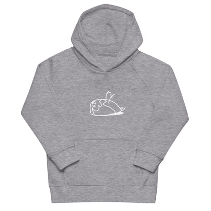 Image of a grey melange eco-friendly Brilliant hoodie for kids. The hoodie has a front pouch pocket, ribbed cuffs and a lined hood for extra warmth. The DEAD sparrow logo is printed in white colour.