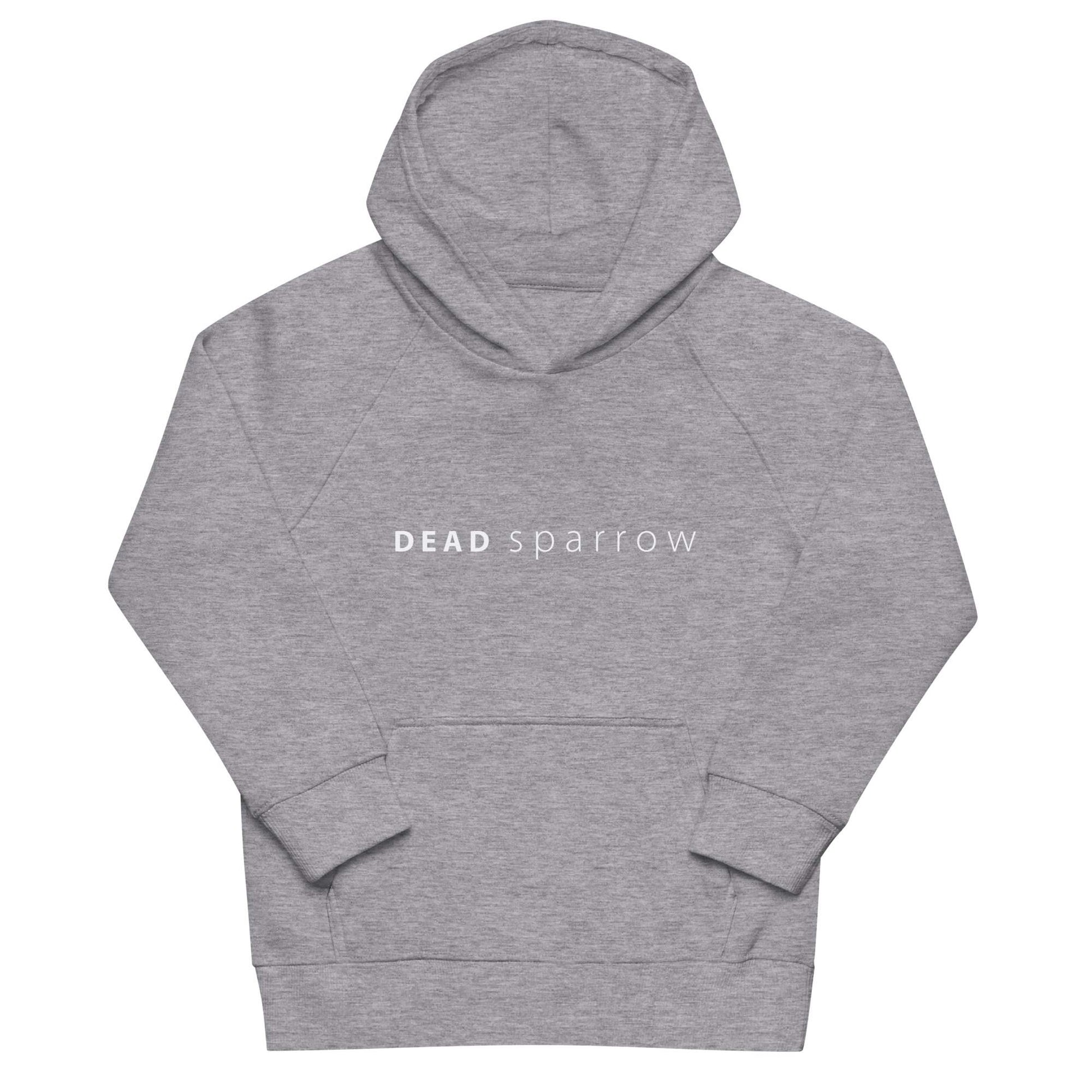 Close-up of a grey melange eco-friendly hoodie for children. DEADsparrow is written across the chest. The print is in white colour. Product name Interesting. 