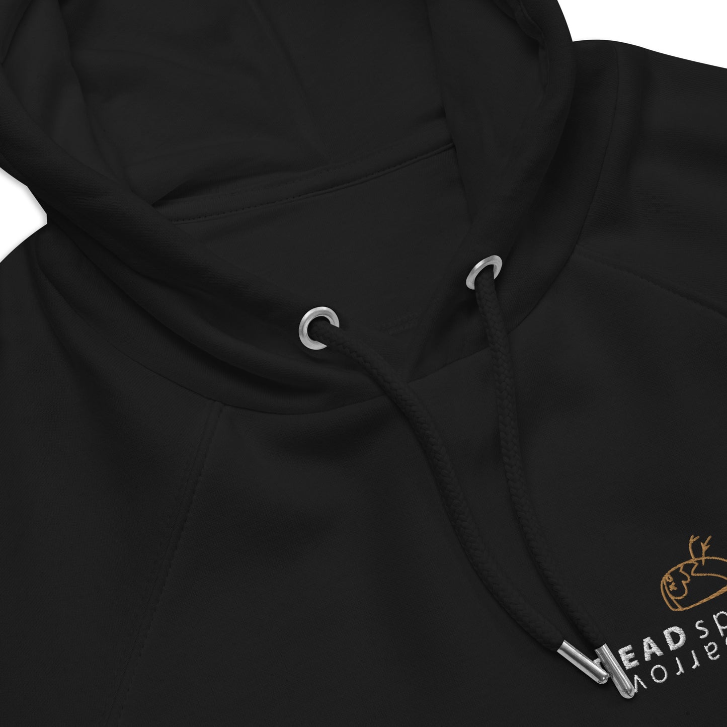 Close-up of black hoodie, product name Gratitude. The hoodie has a print on the left side, 'DEAD sparrow' (logo).