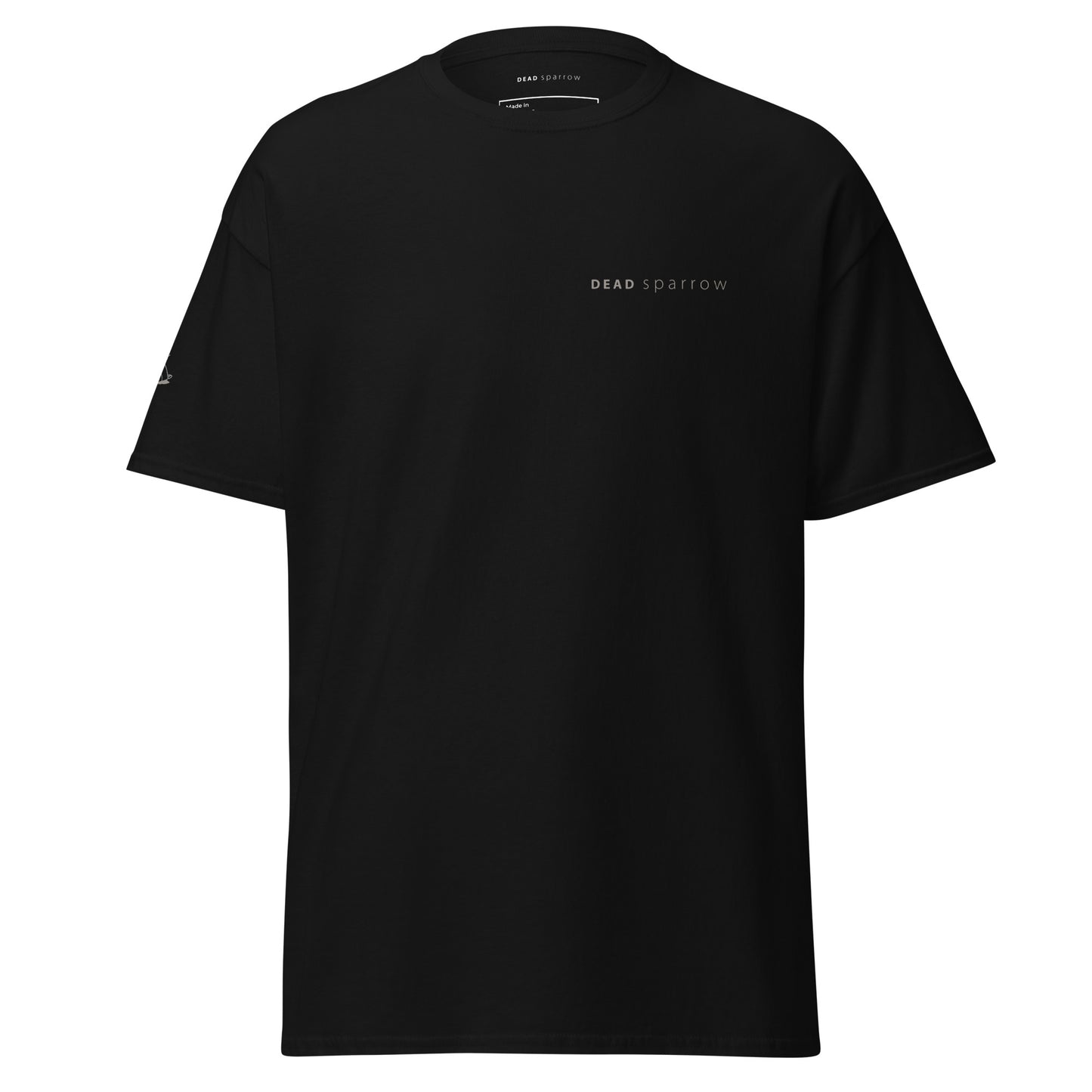 Image of a black t-shirt, item name Hopeful. It has print both on the right sleeve and left side. Sparrow on the right sleeve and the text DEAD sparrow on the left side of the t-shirt.