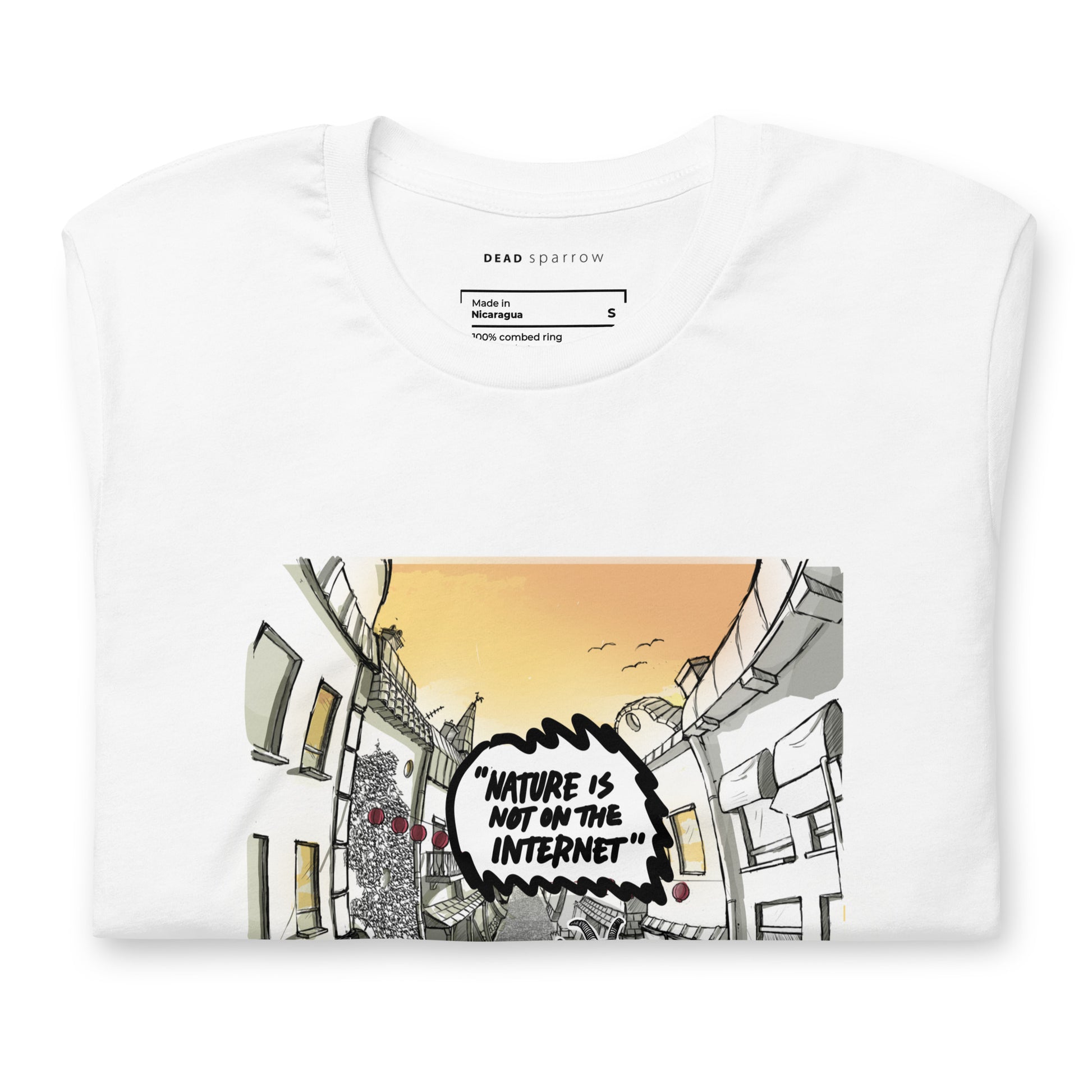 Image of a folded white t-shirt for men. On the t-shirt, there is printed text saying "Nature is not on the internet". Product Freedom.