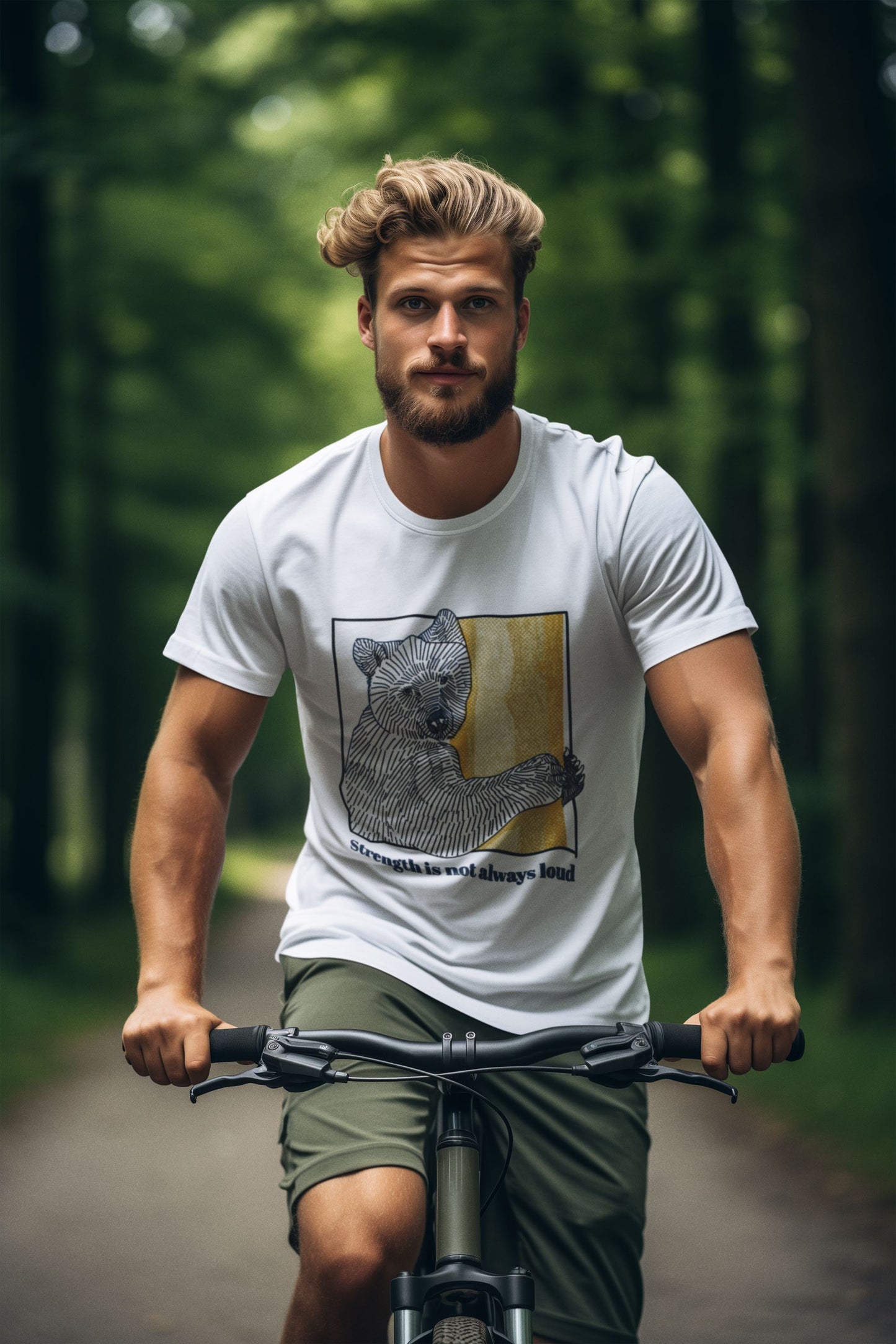 Image of a man cycling in the woods wearing a white T-shirt with a bear print. The product name is "Strength". Below the print is the phrase 'Strength is not always loud'.