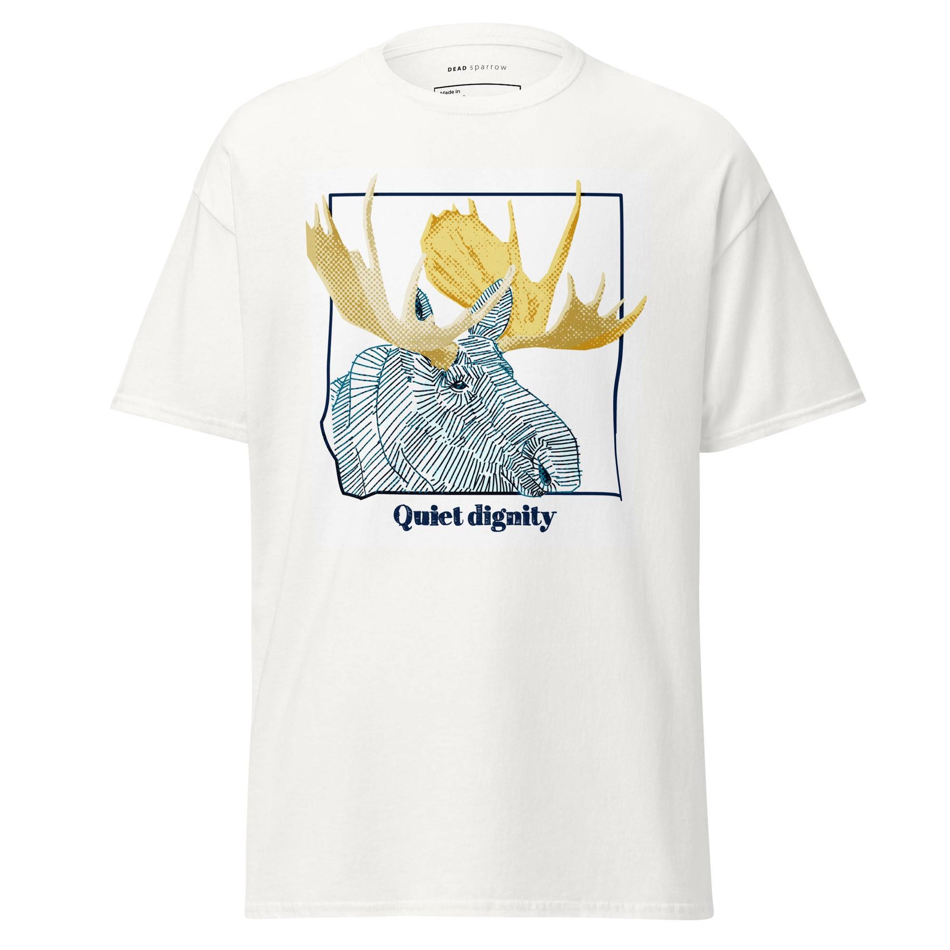 Image of a white T-shirt with an elk print. The words "Quiet Dignity" are written underneath the print.