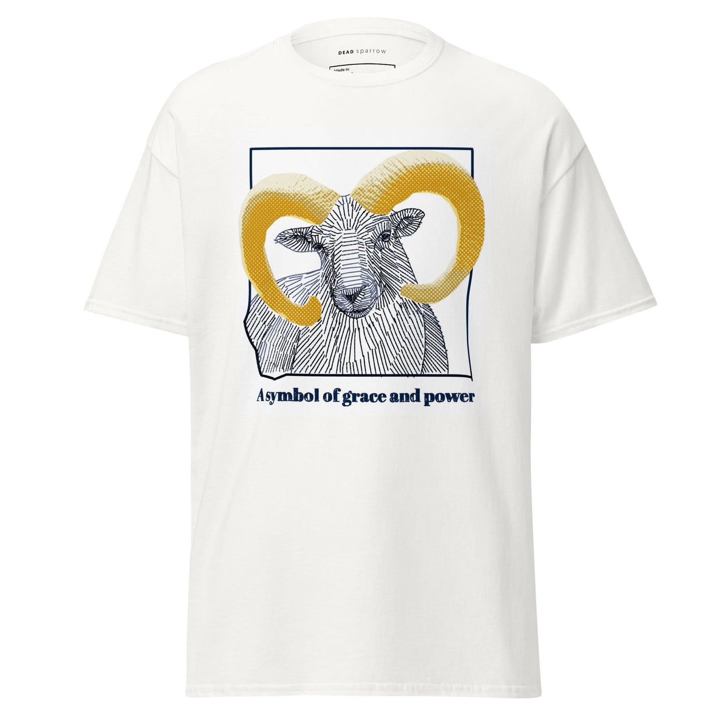 An image of a white T-shirt with a print of a mouflon. Below the print is the phrase "A Symbol of Grace and Power".