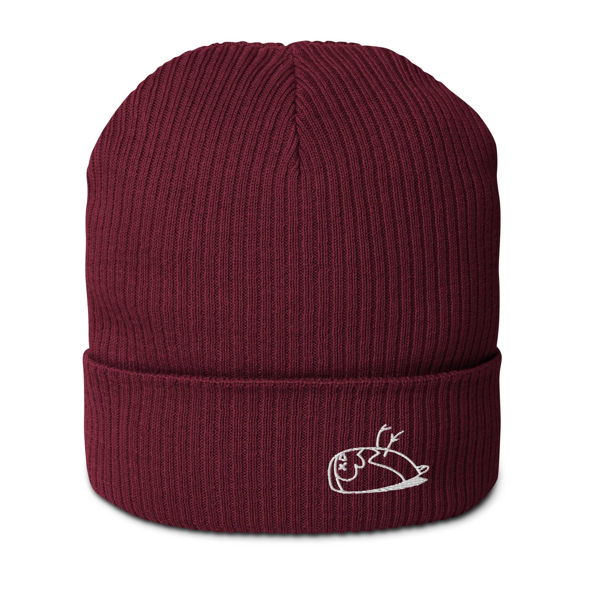 Image shows a burgundy ribbed Adam beanie.  The beanie has the DEAD sparrow logo embroidered in white thread.