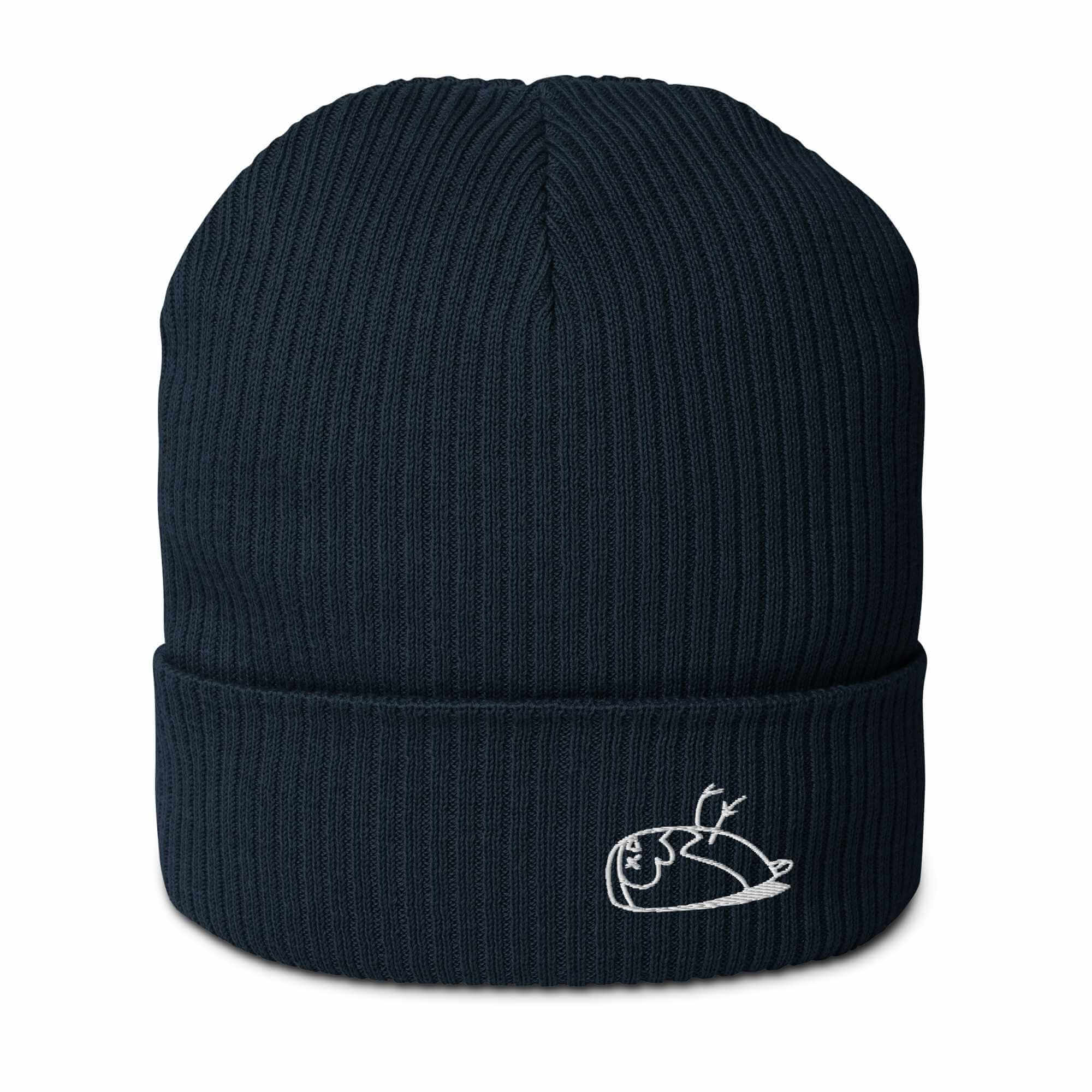 Image shows a navy ribbed Adam beanie.  The beanie has the DEAD sparrow logo embroidered in white thread.