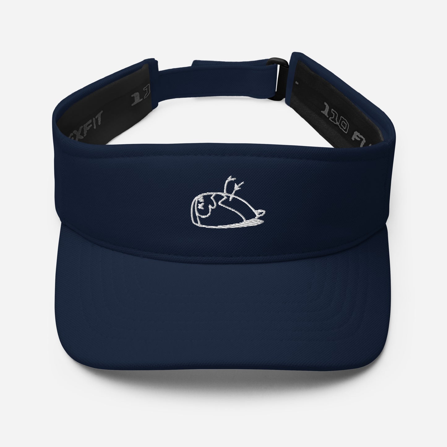 Close-up of an navy-coloured visor. On the front of the visor, the DEADsparrow logo is embroidered with white thread. Illustration of a sparrow lying on its back. Product name Happy