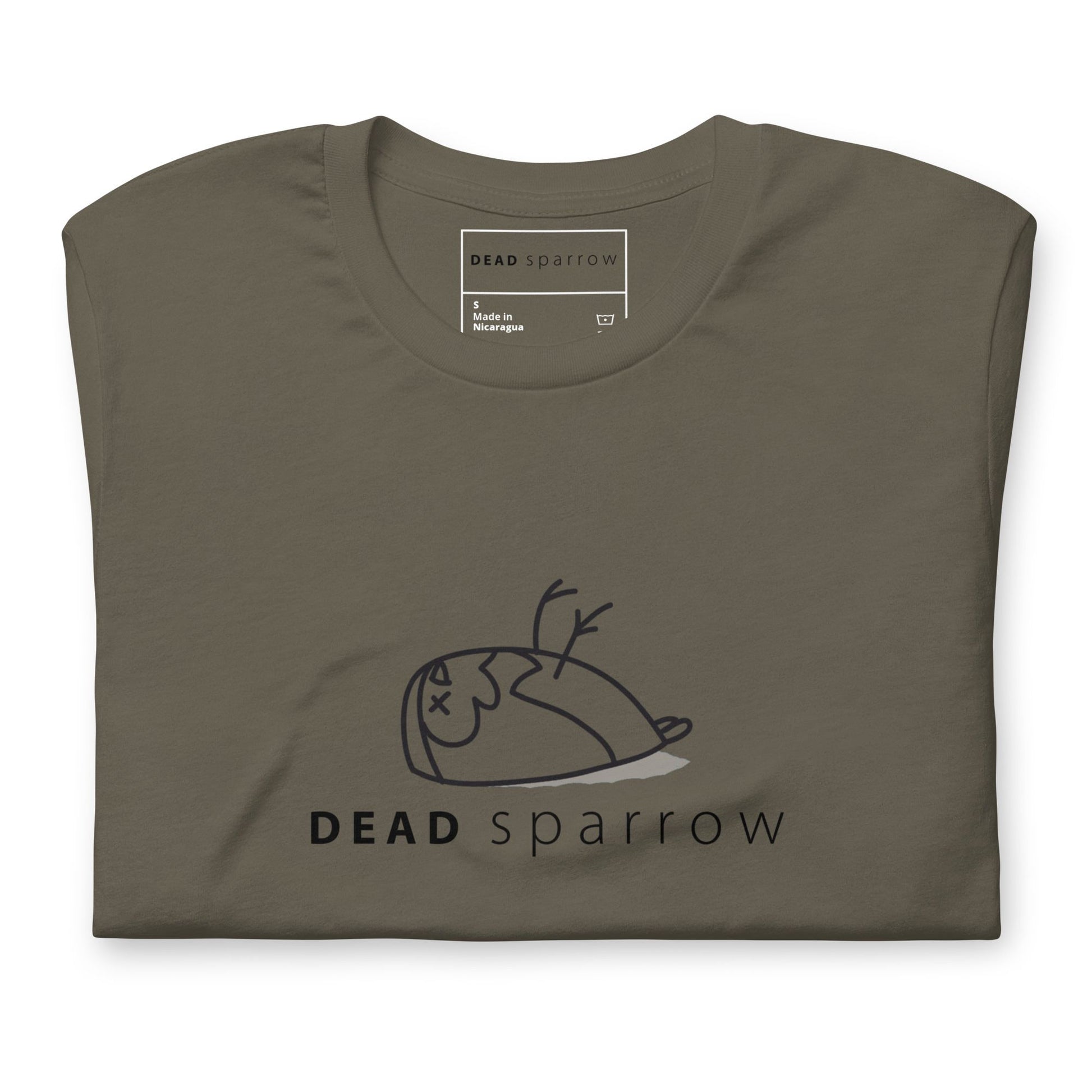 Image of a folded army t-shirt for women. DEADsparrow logo printed across the chest of the t-shirt. Product name Powerful.