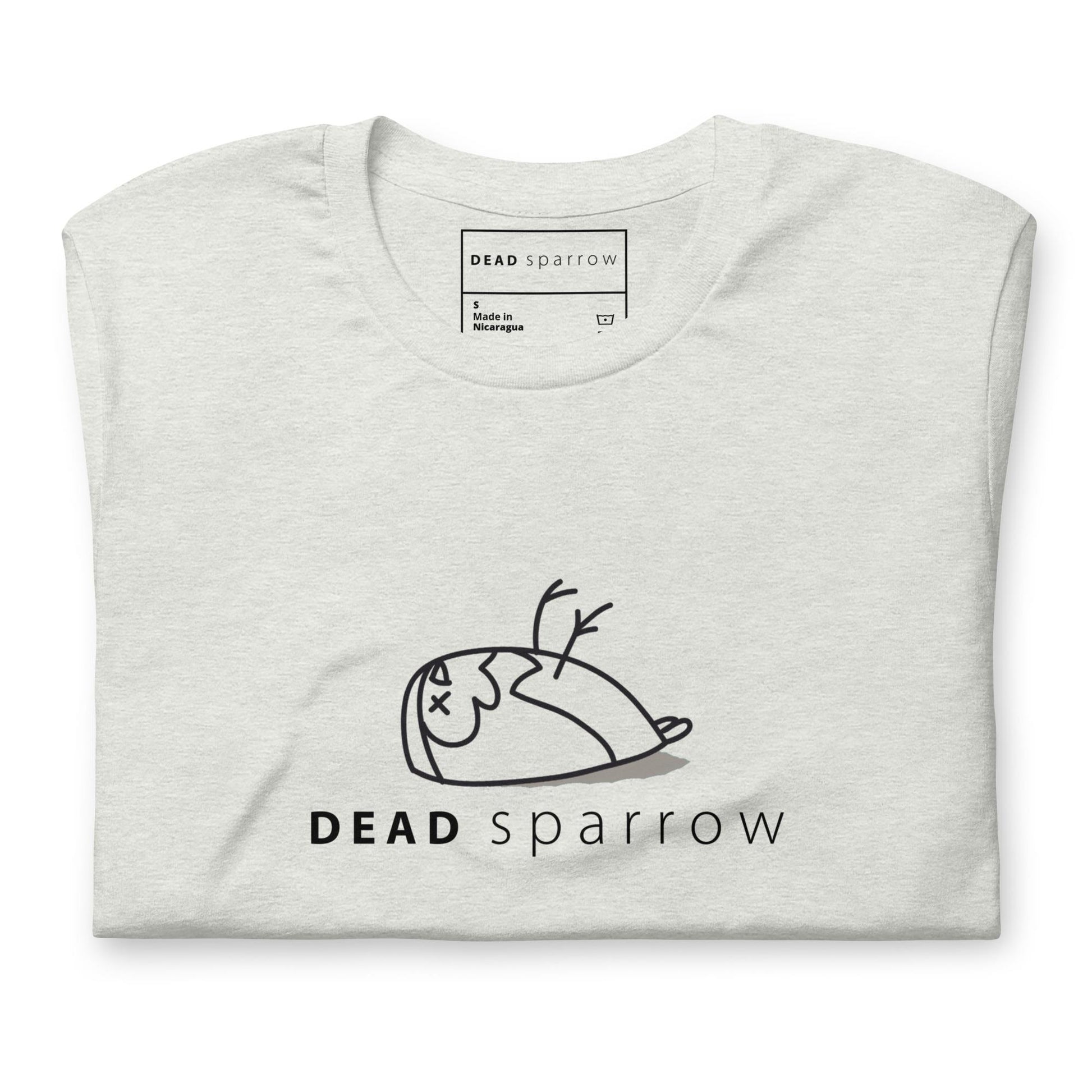 Image of a folded ash t-shirt for women. DEADsparrow logo printed across the chest of the t-shirt. Product name Powerful.