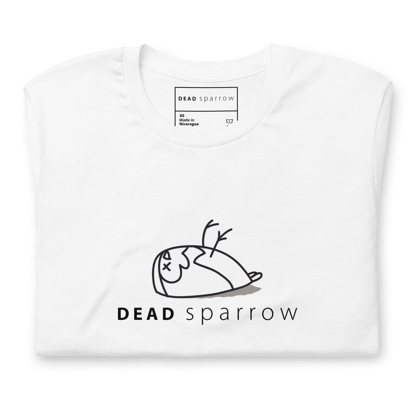 Image of a folded white t-shirt for women. DEADsparrow logo printed across the chest of the t-shirt. Product name Powerful.