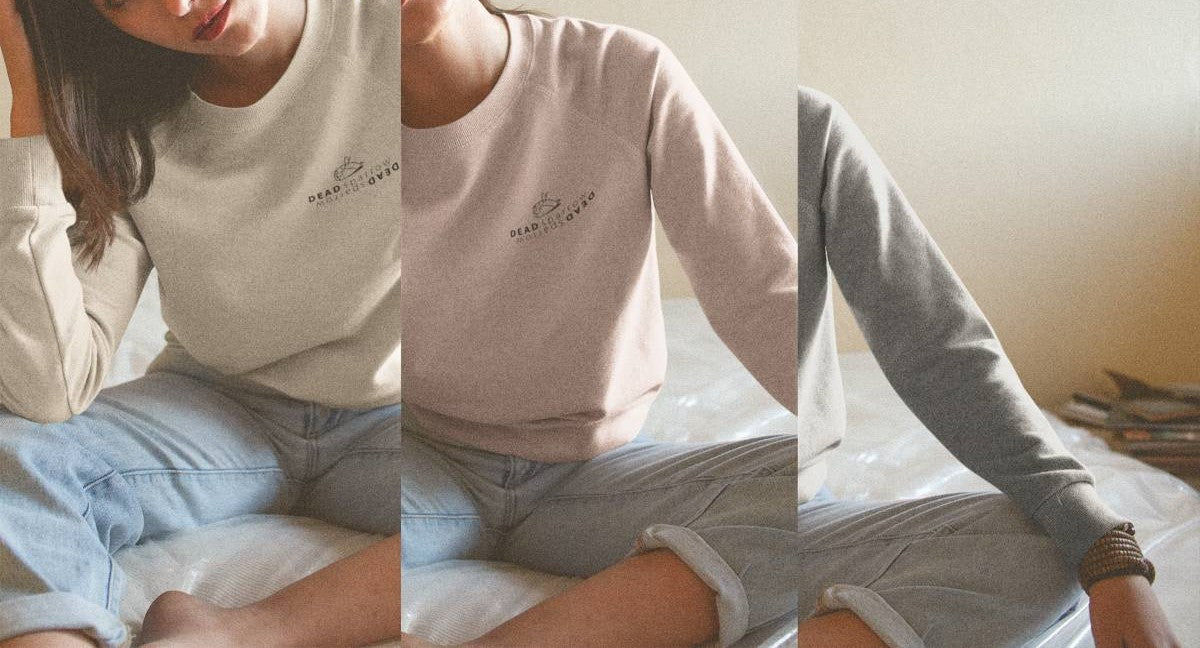 triple image of a girl wearing a crewneck sweater-Bubbly. in the colours vintage white, lava grey and creamy heather pink with the DEAD sparrow logo.