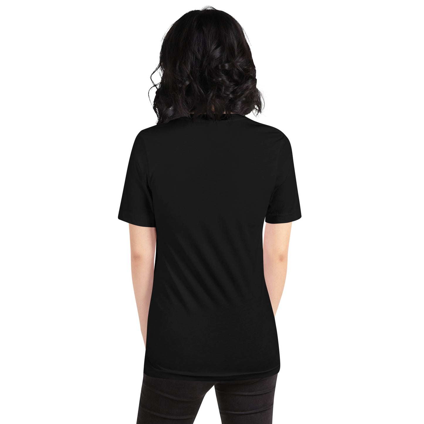 Image of a woman wearing a black DEADsparrow t-shirt. The t-shirt is a tighter model with a sparrow embroidered on the left side of the t-shirt. Product name Wise