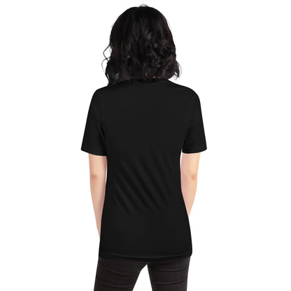 Image of a woman wearing a black DEADsparrow t-shirt. The t-shirt is a tighter model with a sparrow embroidered on the left side of the t-shirt. Product name Wise